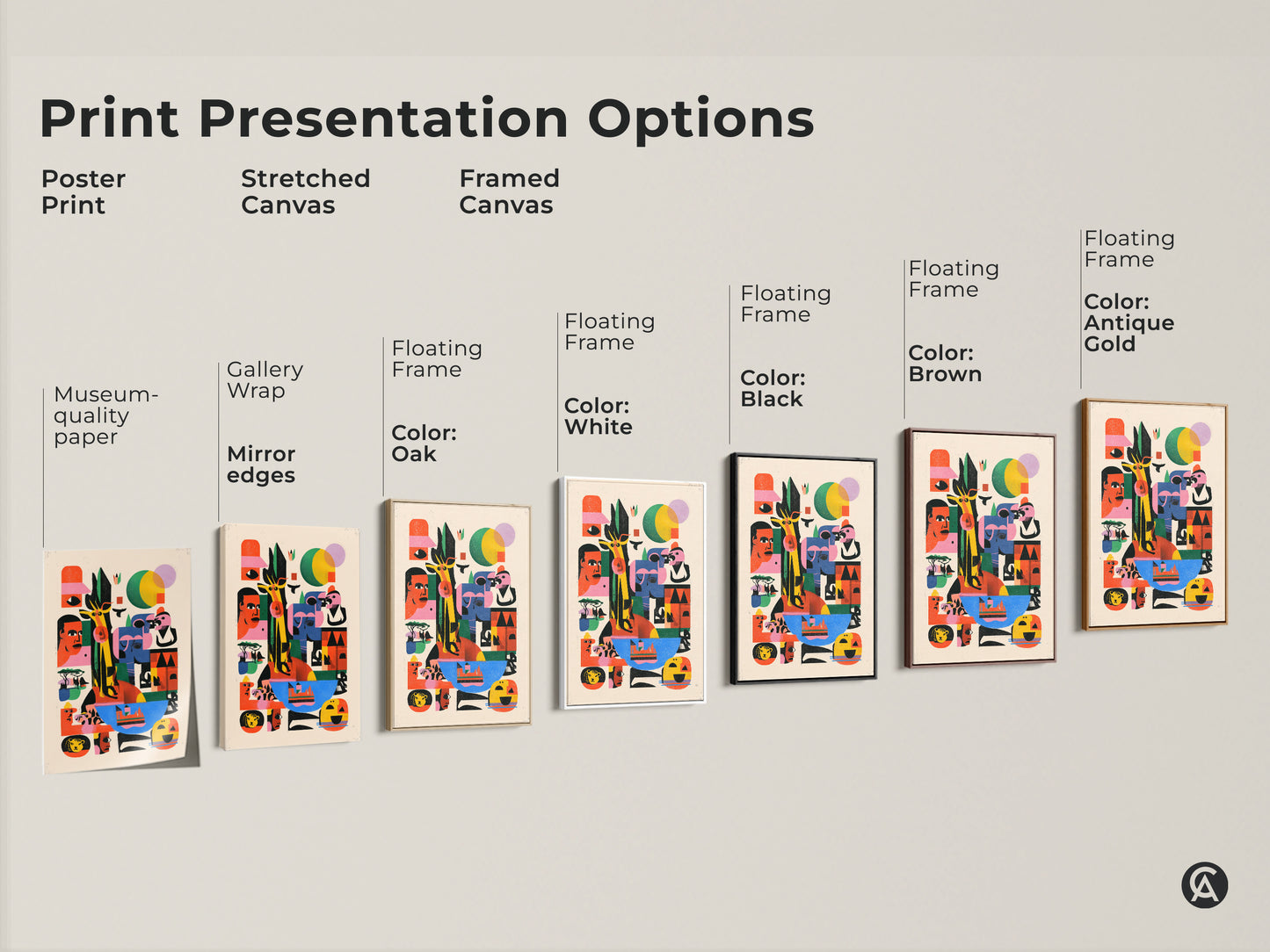Explore print presentation options for this unique artwork. Choose from poster print stretched canvas or framed canvas. Museum quality paper and mirror edges are available. Select a floating frame in black brown white or antique gold for your wall decor.