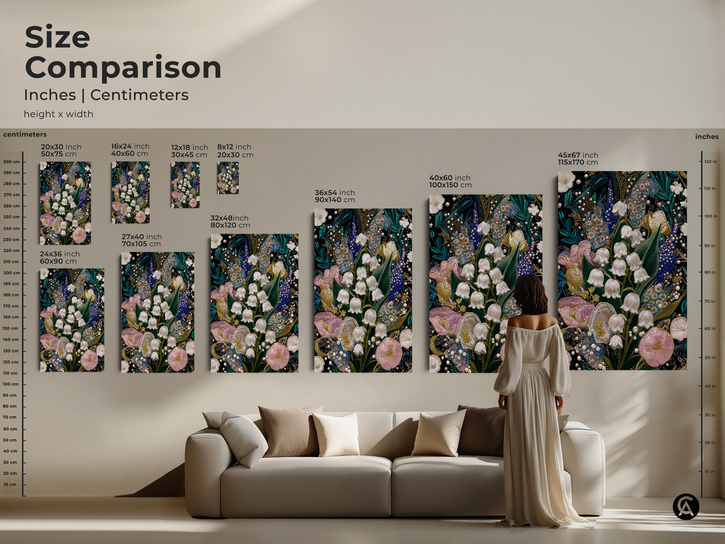 Size comparison of Lily of the Valley & Tulip Embroidery Art prints. See how the artwork fits above a sofa in various sizes. Choose from canvas or poster prints to complement your home decor with this textured nature inspired wall hanging.