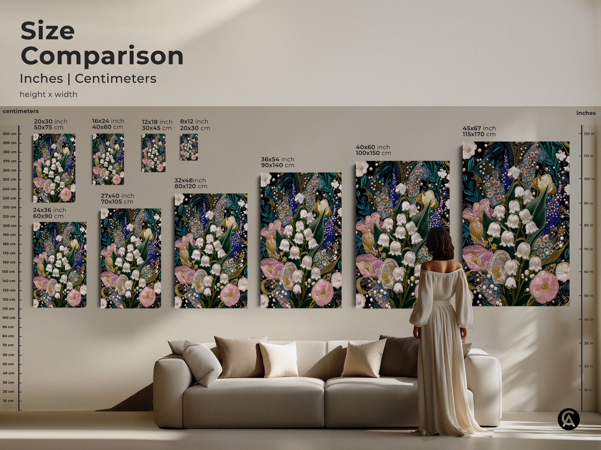 Size comparison of Lily of the Valley & Tulip Embroidery Art prints. See how the artwork fits above a sofa in various sizes. Choose from canvas or poster prints to complement your home decor with this textured nature inspired wall hanging.