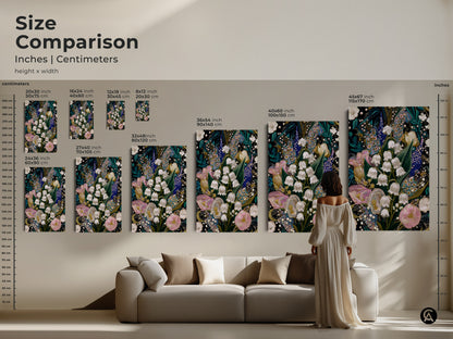 Size comparison of Lily of the Valley & Tulip Embroidery Art prints. See how the artwork fits above a sofa in various sizes. Choose from canvas or poster prints to complement your home decor with this textured nature inspired wall hanging.