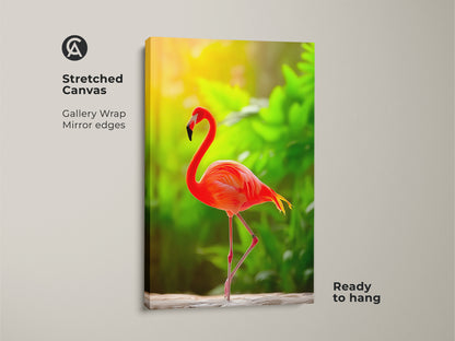 Stretched canvas featuring tropical flamingo art. A coral orange bird stands out in this wildlife artwork. Ideal boho bedroom wall decor. The print is ready to hang. It brings an exotic touch to any room. A perfect gift for wildlife art enthusiasts.