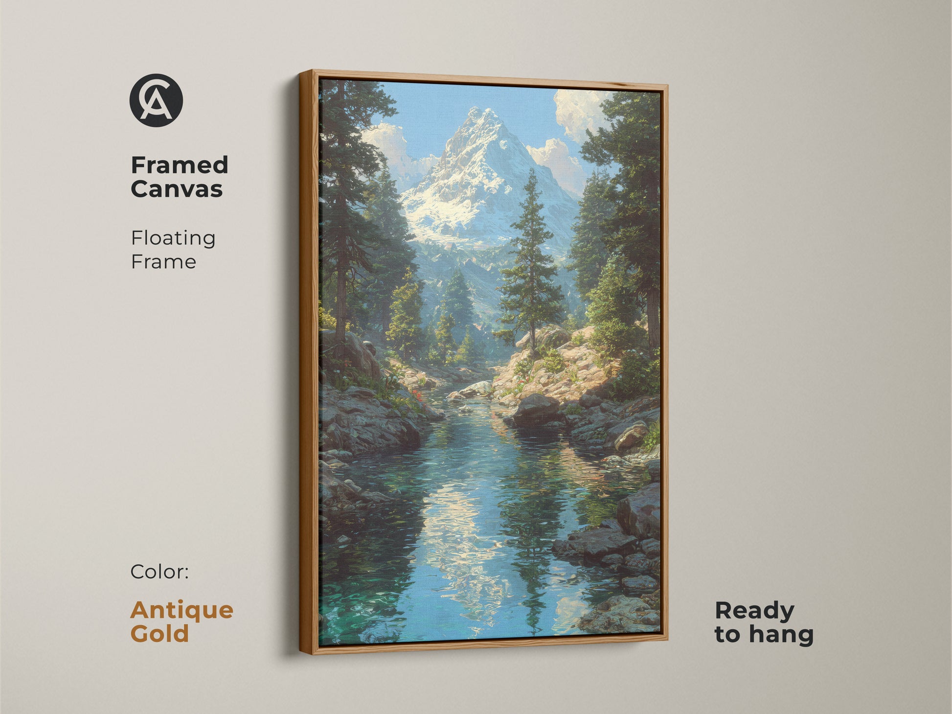 Framed canvas art shows a snowy mountain river landscape. The antique gold floating frame enhances this nature artwork. Ready to hang for easy decor. Features pine trees and a snow-capped peak. A traditional print for a rustic or traditional aesthetic.