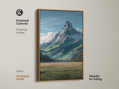 Framed canvas print with an antique gold floating frame featuring a realistic snowy mountain peak. The nature-inspired artwork adds serenity to any room. Ready to hang this piece brings the beauty of an alpine landscape to your home.