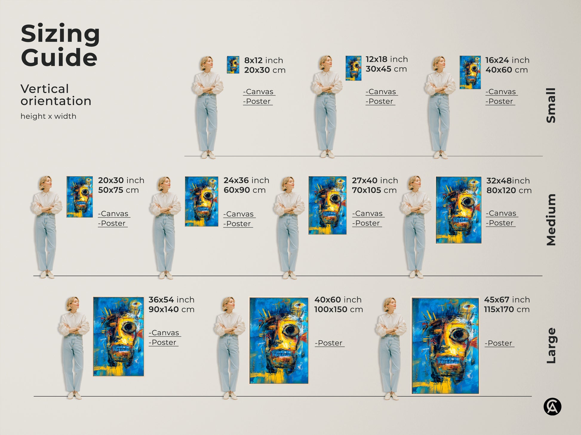 Sizing guide for vertical abstract face artwork. Visualize how different sizes fit on your wall. Options include canvas and poster prints in small medium and large formats. Find the ideal dimensions for your space.