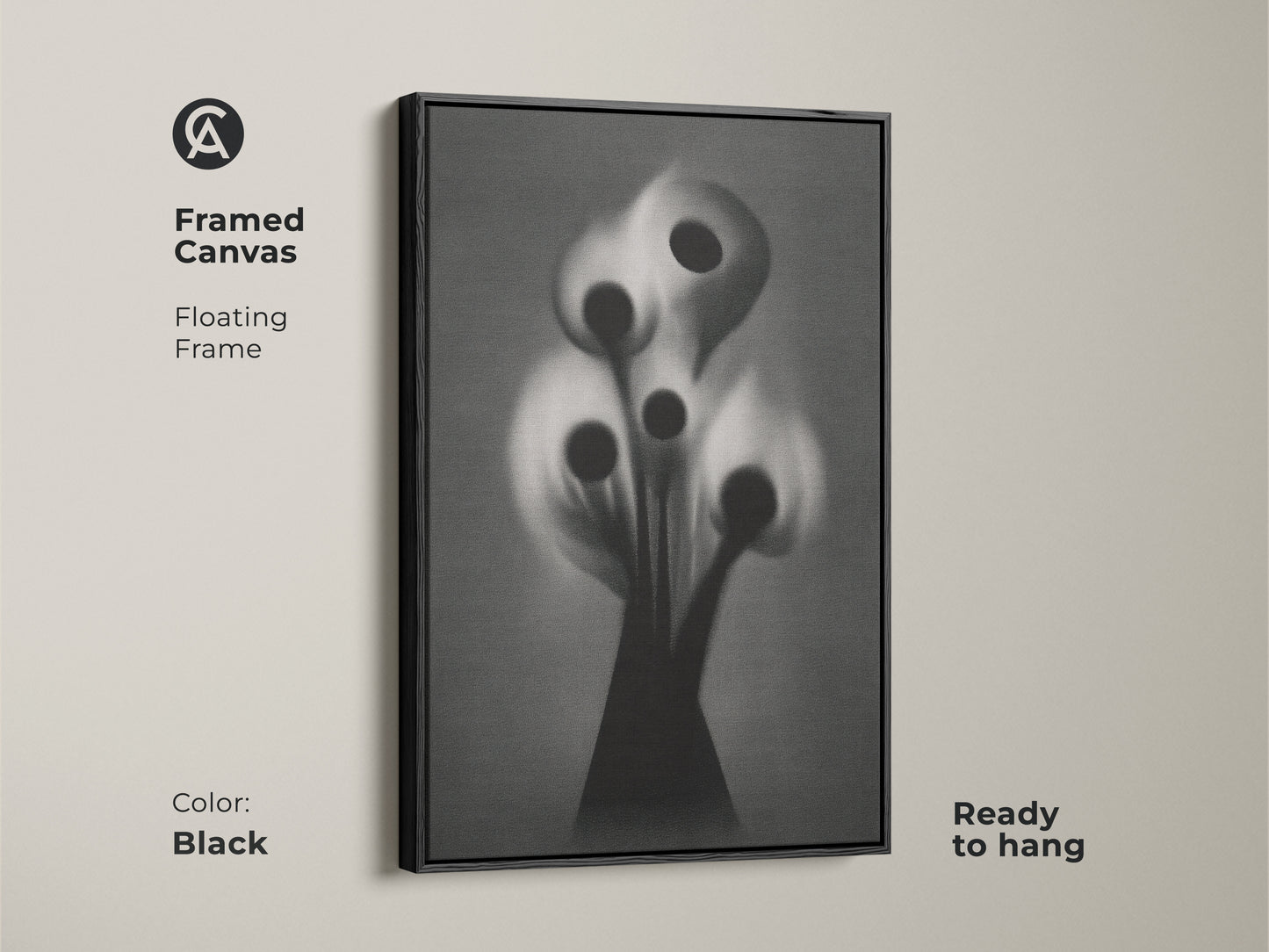 High quality abstract botanical art print featuring a gothic flower. This surreal black white grey canvas is ideal for study room or office decor. Framed in a brown floating frame it adds a sophisticated artistic touch. Perfect for eclectic home styles.