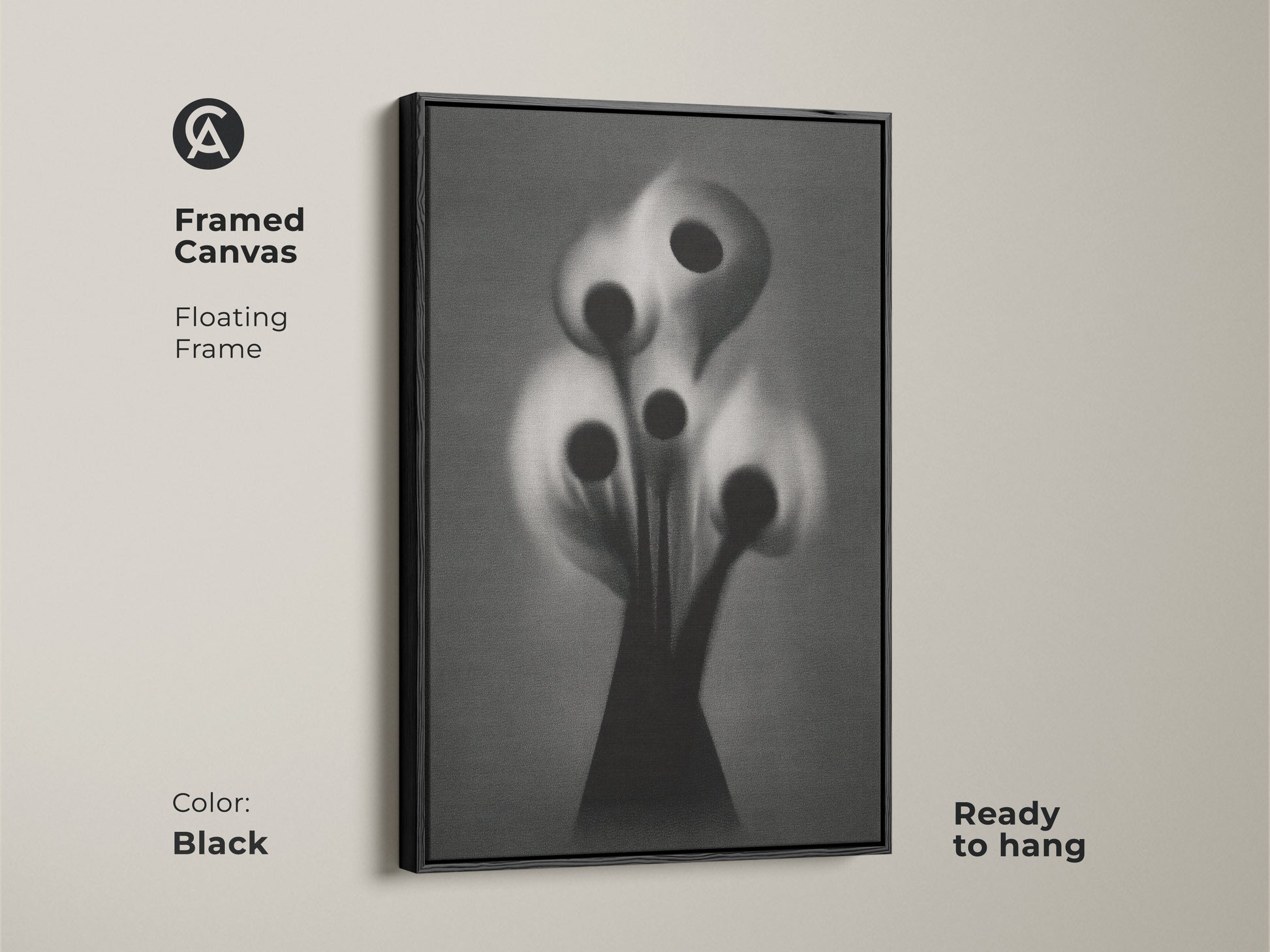 High quality abstract botanical art print featuring a gothic flower. This surreal black white grey canvas is ideal for study room or office decor. Framed in a brown floating frame it adds a sophisticated artistic touch. Perfect for eclectic home styles.