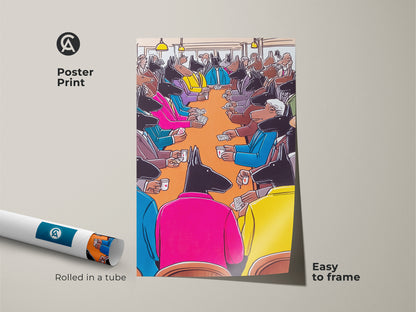 Poster print of dogs playing poker scene. Rolled in a tube this surreal dog art is easy to frame. This eclectic animal artwork in pink yellow and orange is perfect for your office decor. A unique gift for poker lovers birthday.