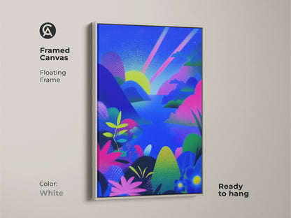 Framed canvas with a white floating frame. Fantasy abstract landscape artwork featuring a blue green pink mountain sunset. Ready to hang canvas wall art for a bedroom or living room. Eclectic home artwork. A perfect gift for art lovers and nature enthusiasts.