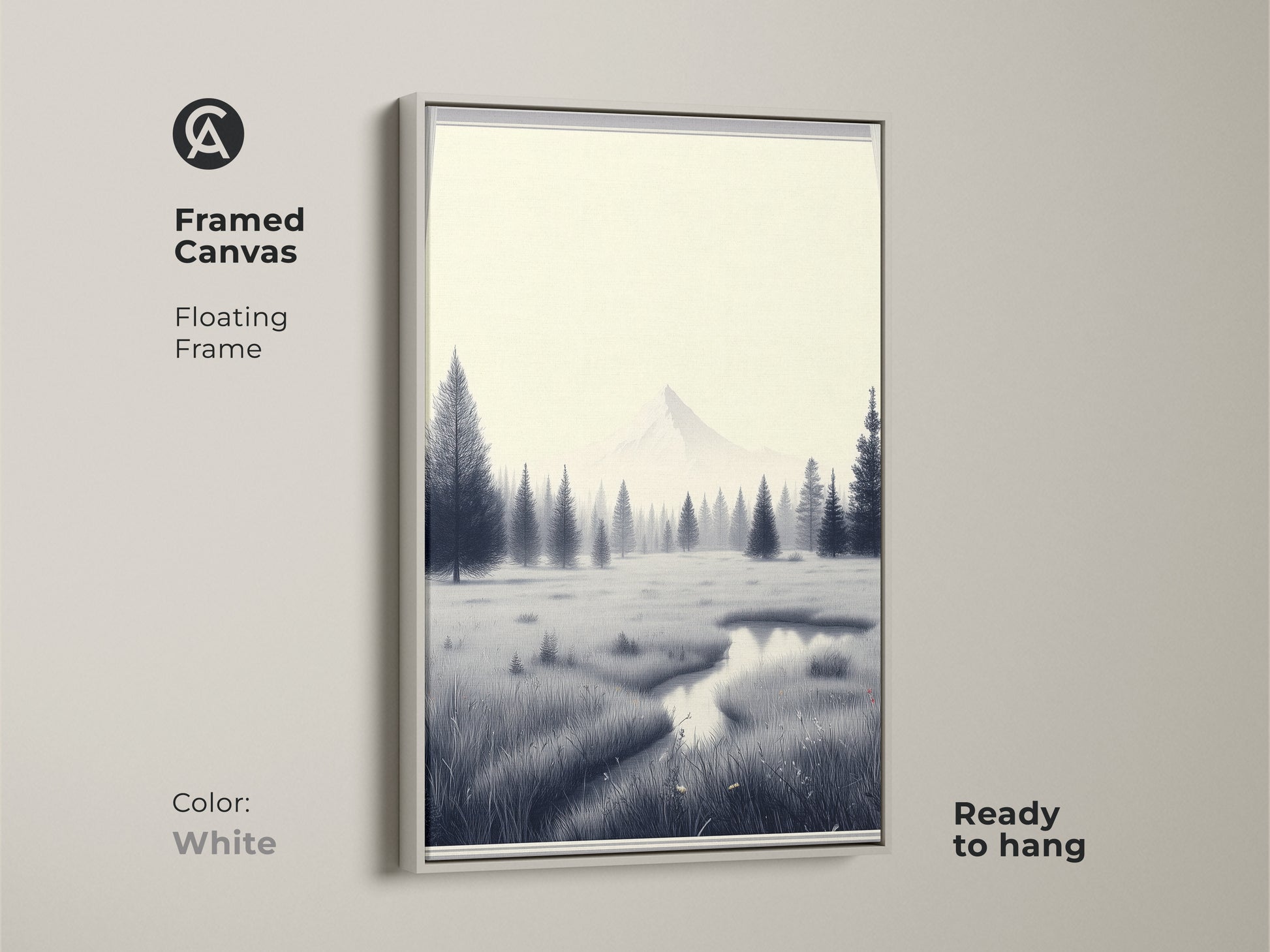 Framed canvas artwork featuring a minimalist mountain scene with a floating frame in white. This ready-to-hang piece showcases a Scandinavian pine tree canvas. A monochrome nature wall art provides a serene touch to any bedroom decor. Black and white landscape.