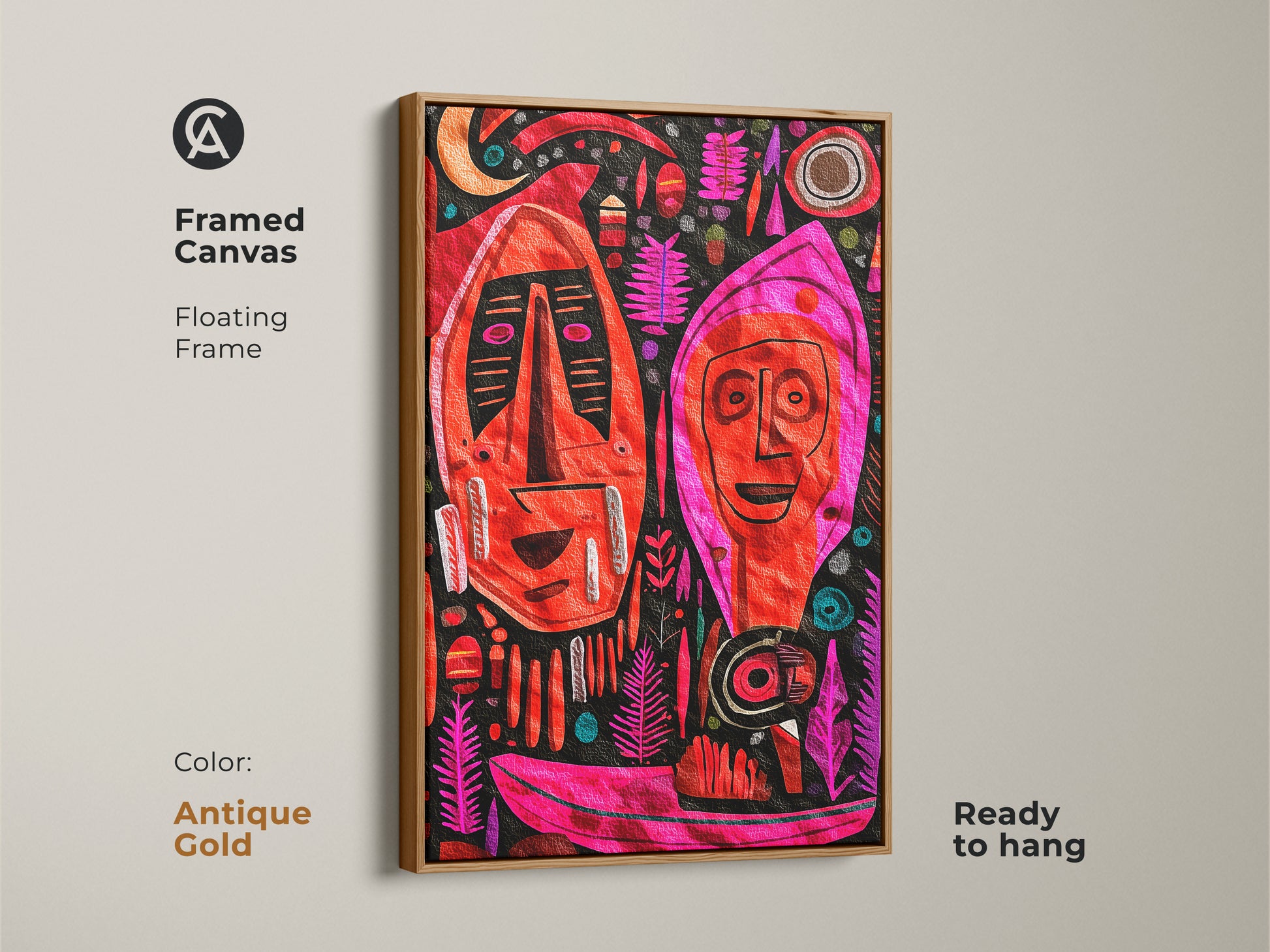 The framed canvas featuring tribal masks uses an antique gold floating frame. Its red pink magenta abstract face canvas art brings out the art. This piece adds an eclectic touch to any living room.