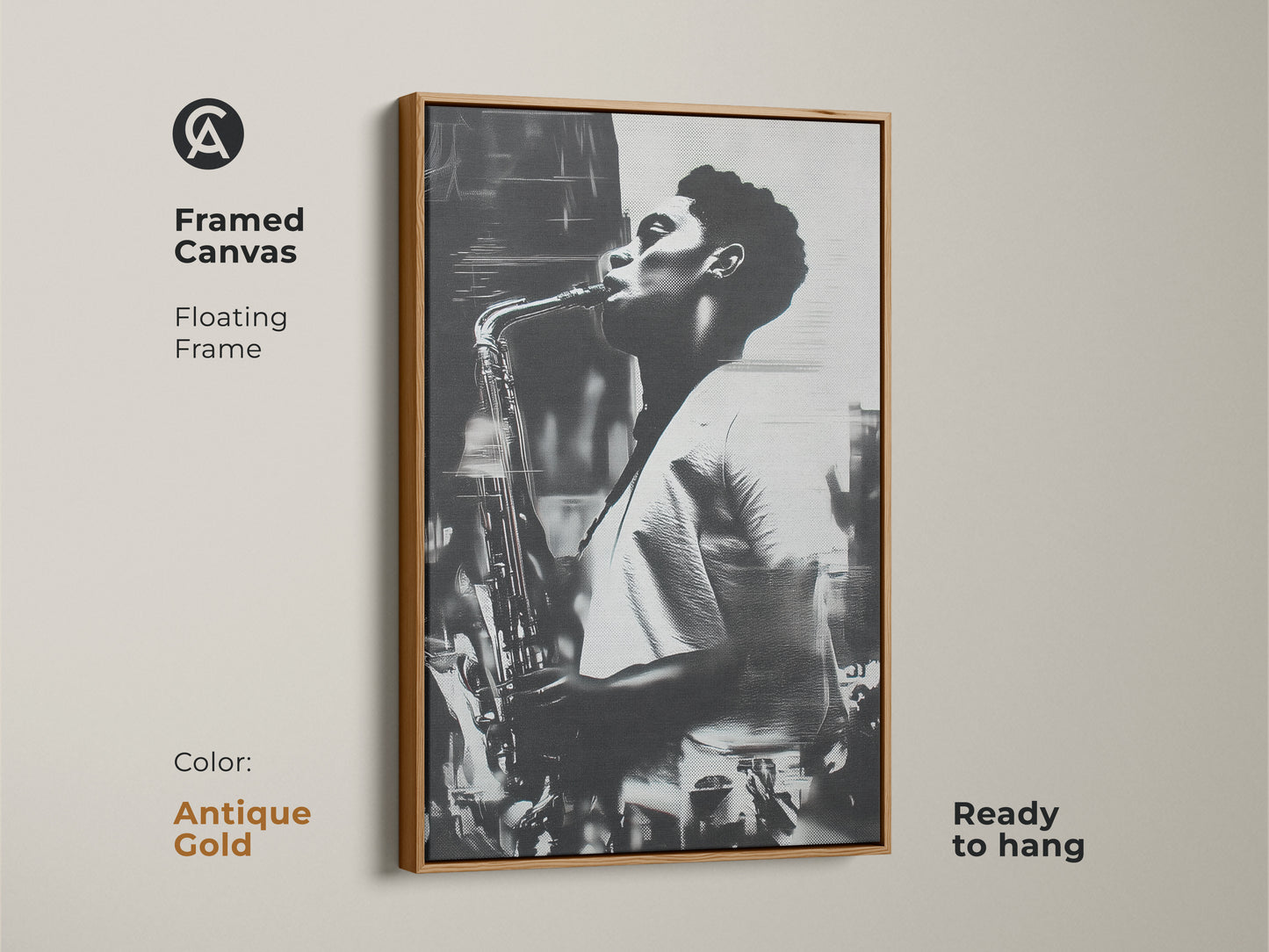 Antique gold framed canvas art featuring a black and white portrait of a saxophonist. The floating frame adds a touch of vintage charm to the artwork. It is ready to hang and enjoy. A unique and elegant addition to your art collection.