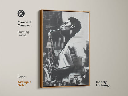 Antique gold framed canvas art featuring a black and white portrait of a saxophonist. The floating frame adds a touch of vintage charm to the artwork. It is ready to hang and enjoy. A unique and elegant addition to your art collection.
