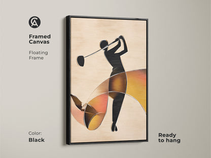 Framed canvas of an abstract golfer in a black floating frame. The artwork features a black silhouette. Beige background with orange accents. Ready to hang for office or home.