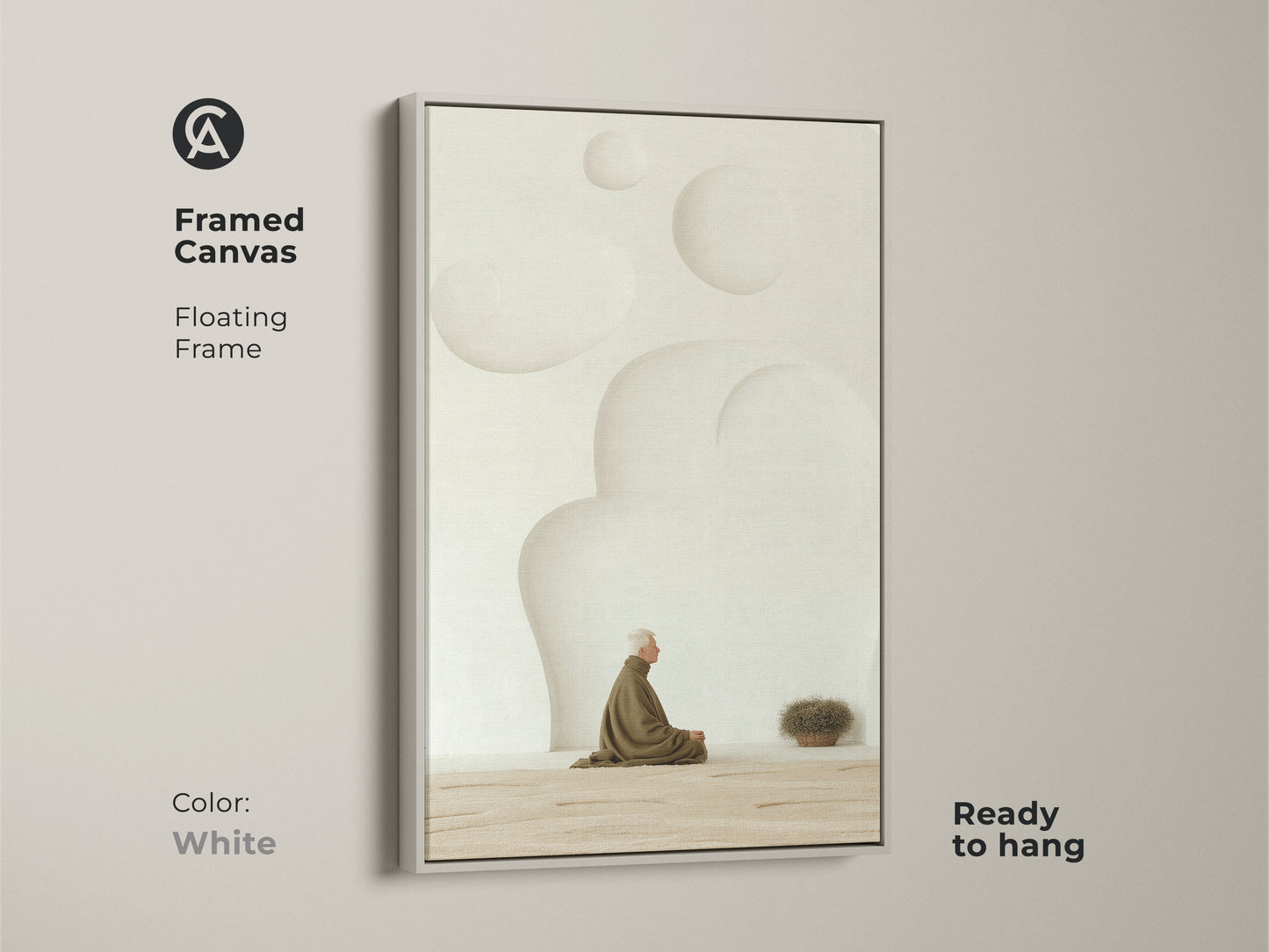 Framed Canvas with a floating white frame. It features a Zen elderly man in meditation with soft cream tones and serves as minimalist home decor. This spiritual wall print brings a touch of calm to any room. It’s a wonderful housewarming gift for meditation enthusiasts.