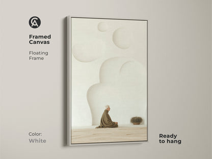 Framed Canvas with a floating white frame. It features a Zen elderly man in meditation with soft cream tones and serves as minimalist home decor. This spiritual wall print brings a touch of calm to any room. It’s a wonderful housewarming gift for meditation enthusiasts.