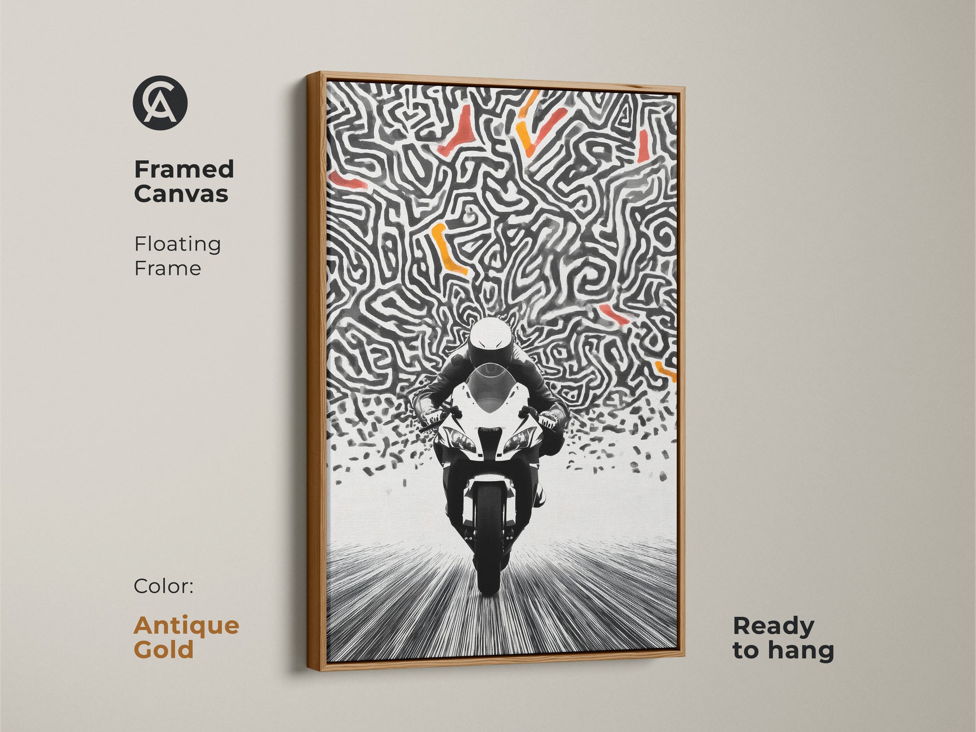 The framed canvas art features an antique gold floating frame. This abstract motorcycle artwork has a touch of elegance. This speed maze canvas print is both modern and timeless. Ready to hang this artwork adds sophistication to any space. A great gift for art lovers.