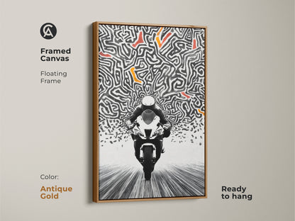 The framed canvas art features an antique gold floating frame. This abstract motorcycle artwork has a touch of elegance. This speed maze canvas print is both modern and timeless. Ready to hang this artwork adds sophistication to any space. A great gift for art lovers.