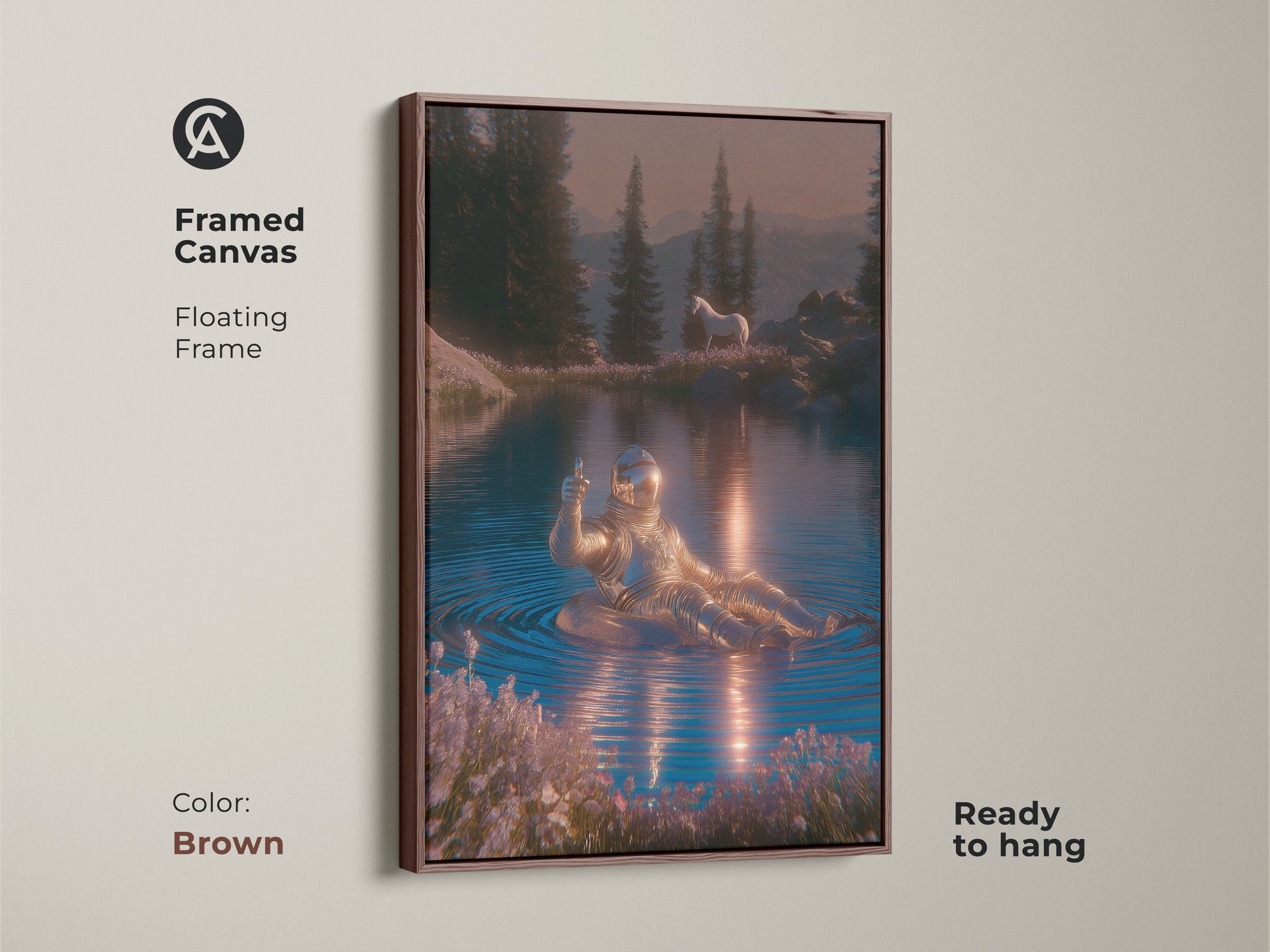Framed canvas art featuring an astronaut relaxing in a lake. Horse nature landscape wall decor in antique gold frame. Sci-fi canvas art with blue silver and pink tones. This unique wall hanging adds cosmic wonder to your home.