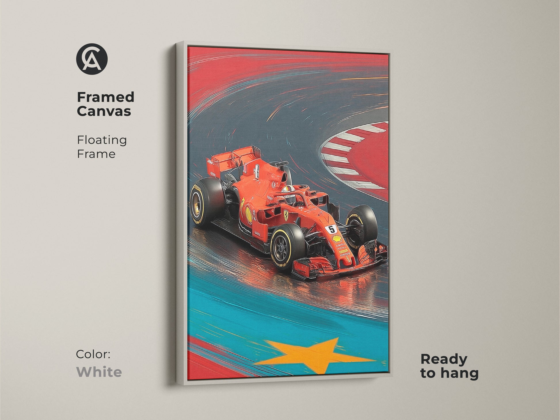 Framed canvas art with a white floating frame of a dynamic red F1 car. Ready to hang and a great sports car canvas print. Illustrative car art with a modern aesthetic. Perfect contemporary home decor for any racing enthusiast.