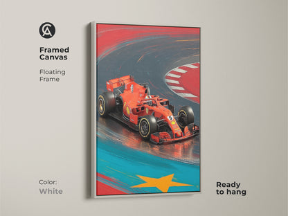 Framed canvas art with a white floating frame of a dynamic red F1 car. Ready to hang and a great sports car canvas print. Illustrative car art with a modern aesthetic. Perfect contemporary home decor for any racing enthusiast.