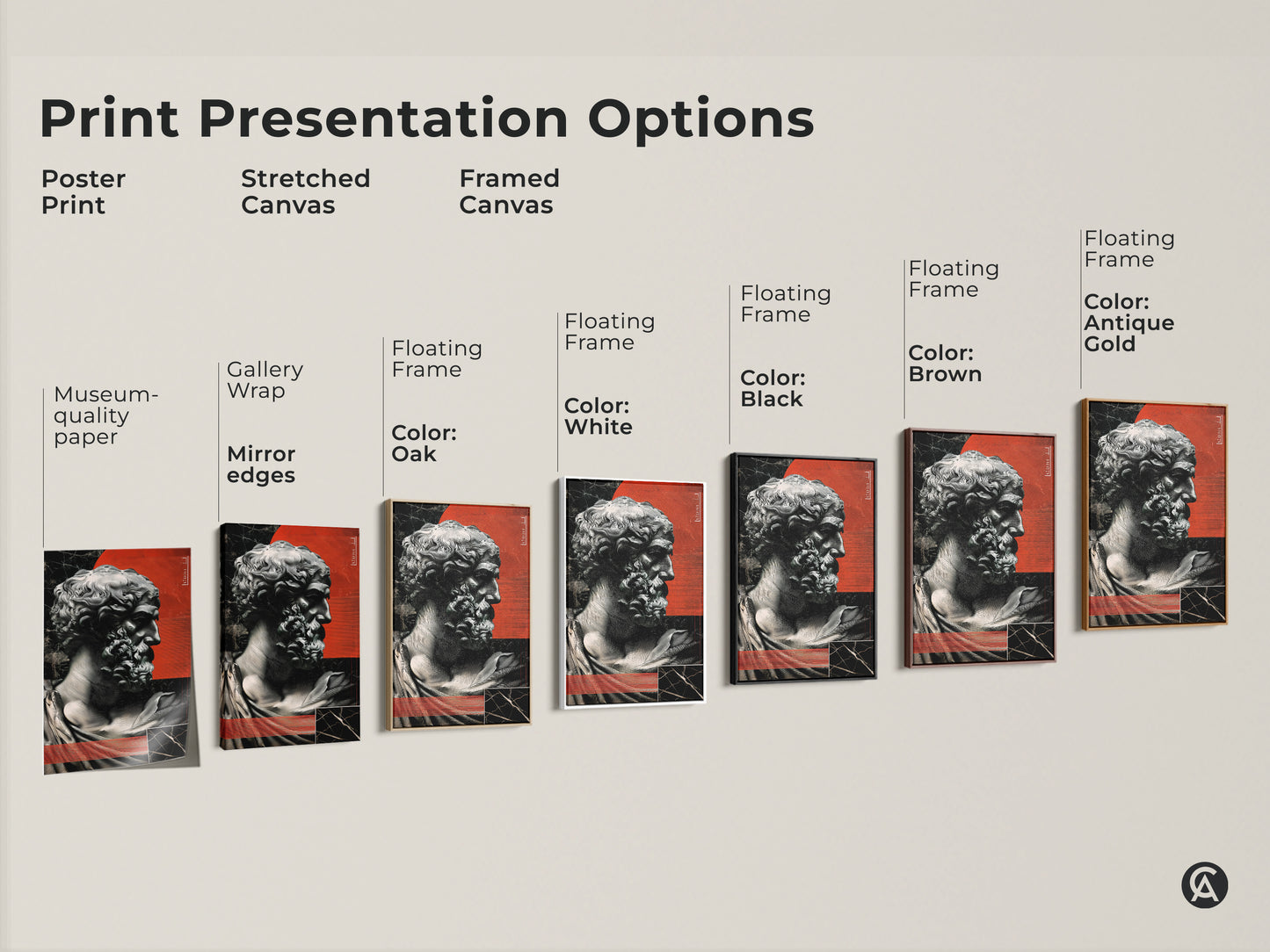 Explore print presentation options for this art. This includes poster prints and stretched canvas. Also see the framed canvas options. Find red abstract sculpture wall art for your space.