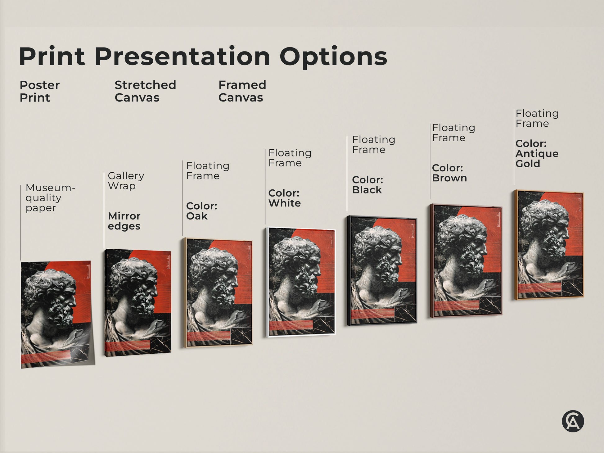 Explore print presentation options for this art. This includes poster prints and stretched canvas. Also see the framed canvas options. Find red abstract sculpture wall art for your space.