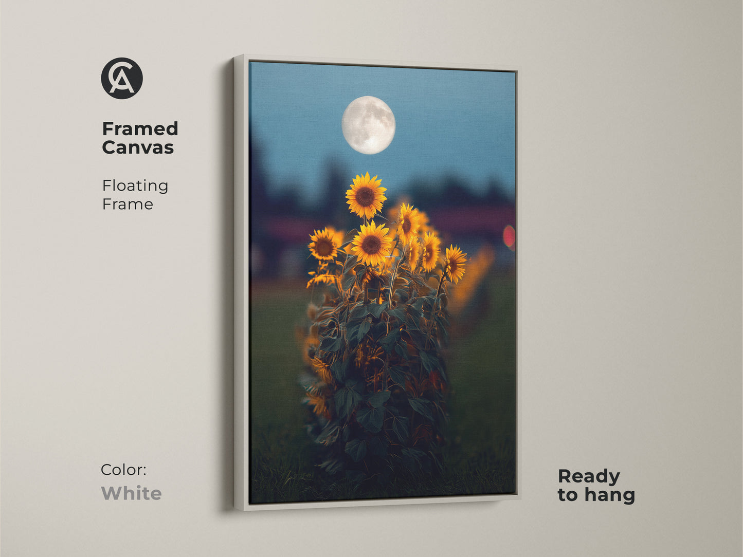 Framed canvas with a white floating frame showcasing sunflower moon art. The dreamy celestial artwork is perfect for boho home decor. Yellow orange floral art with deep blue accents adds a touch of nature. Ready to hang in any room.