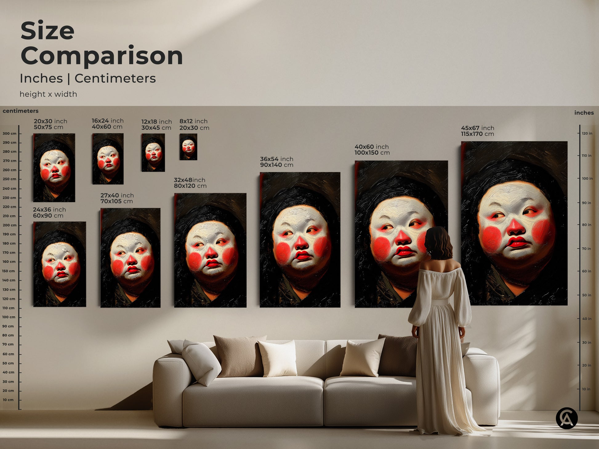 Size comparison of Geisha artwork prints. See how different sizes fit above a sofa. Available in inches and centimeters. Choose the perfect dimensions for your wall. Canvas and poster options available. Enhance your space with this Asian-inspired art.