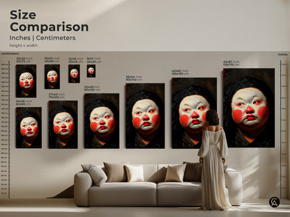 Size comparison of Geisha artwork prints. See how different sizes fit above a sofa. Available in inches and centimeters. Choose the perfect dimensions for your wall. Canvas and poster options available. Enhance your space with this Asian-inspired art.