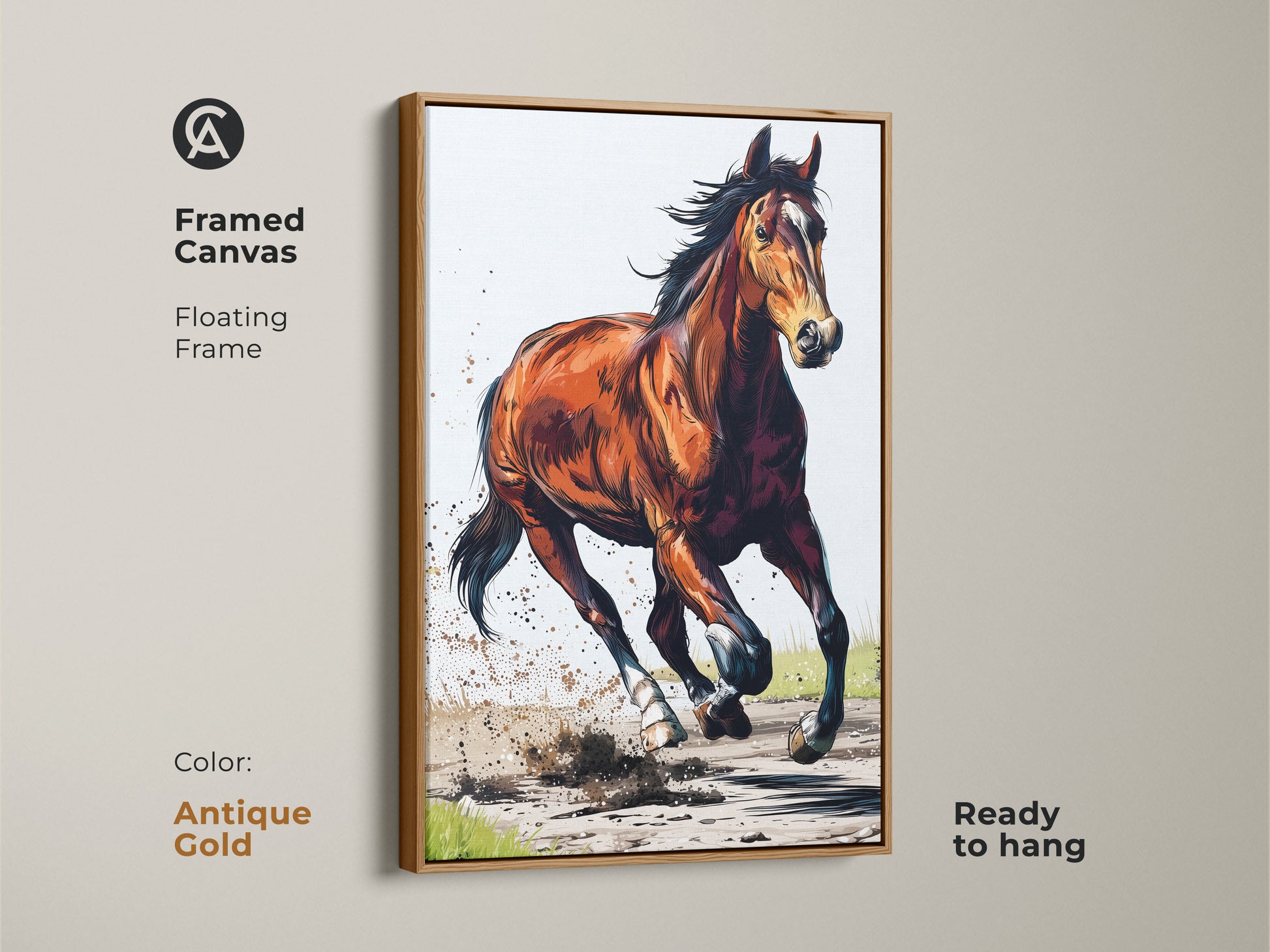 Framed canvas of a chestnut horse galloping in an antique gold floating frame. Expressive wildlife art ready to hang. Dynamic animal artwork brings rustic charm to any space. Shop now.
