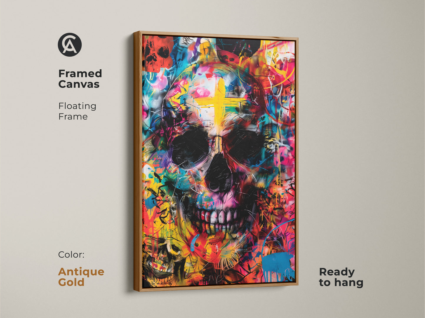 Framed Canvas skull artwork with a floating antique gold frame. The artwork features a skull with a cross on its forehead. Ready to hang in your home. Shop Now.
