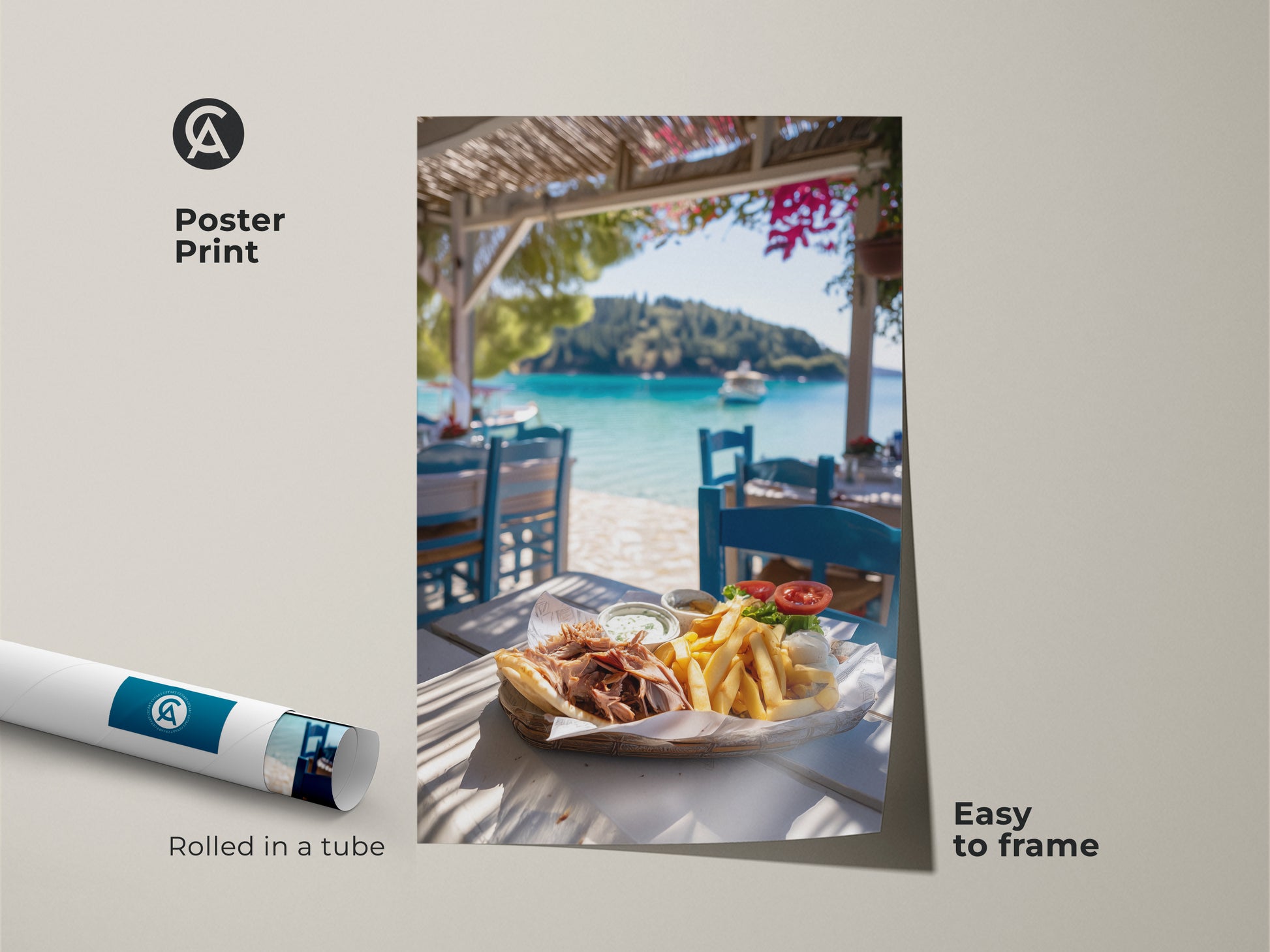 Poster print showcasing a greek gyros and coastal view. This turquoise seascape print arrives rolled in a tube making it easy to frame. It is a perfect travel cuisine print or seaside restaurant art.