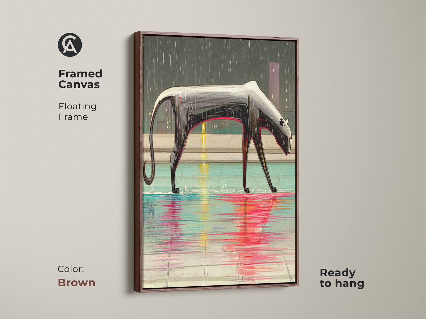Framed canvas art showcasing a surreal panther in a brown floating frame. The artistic panther print is ready to hang. Viewers will love the eclectic home art. Add a touch of urban sophistication. A rain city canvas for your home.