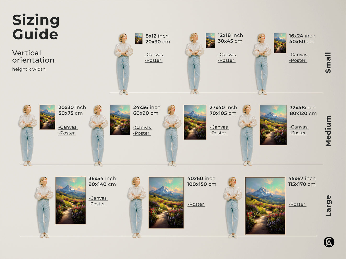 Sizing guide for vertical wildflower mountain path canvas art. Available in small medium and large sizes. Find the perfect fit for your space. Each canvas or poster brings a serene mountain view.