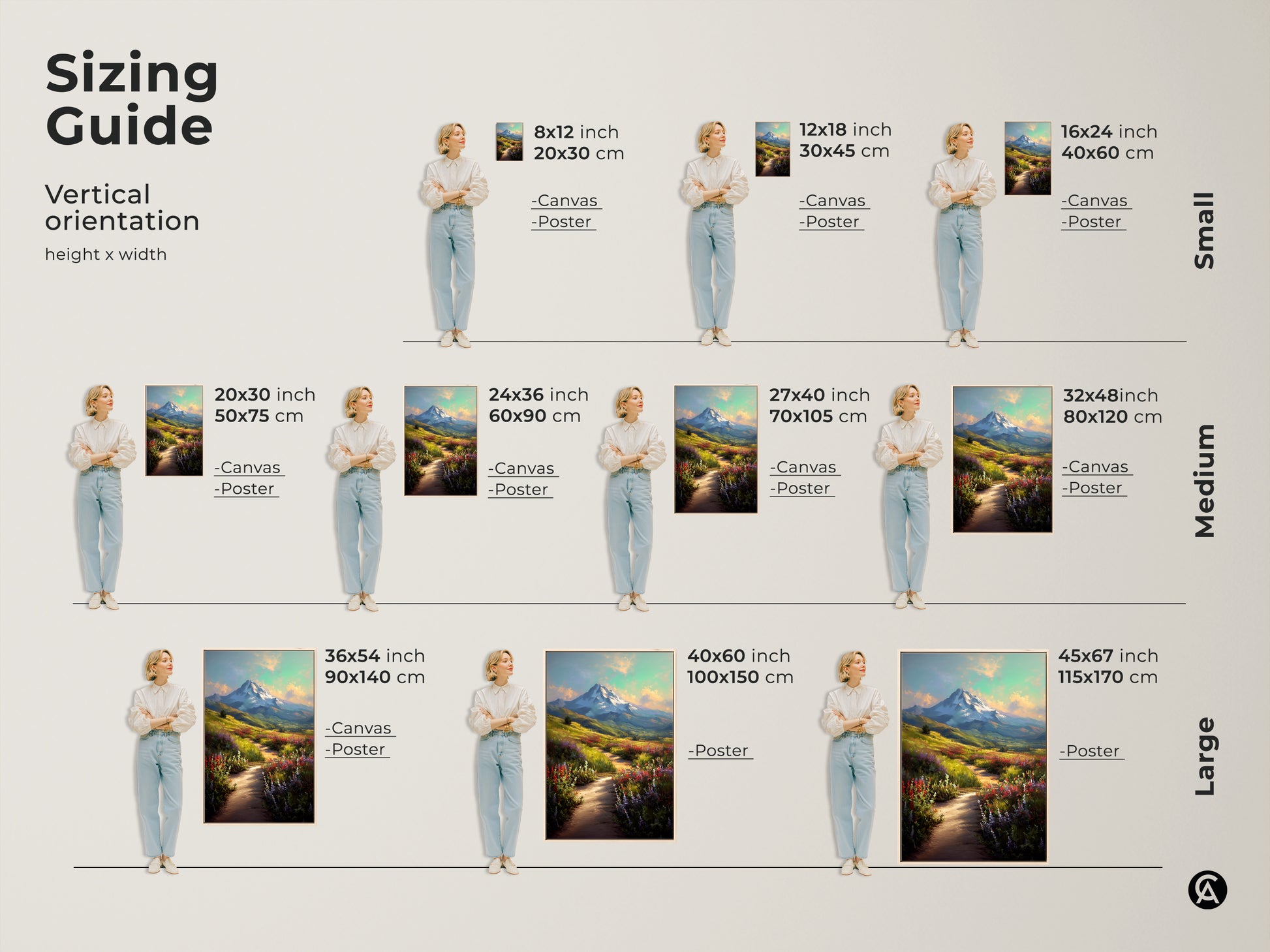 Sizing guide for vertical wildflower mountain path canvas art. Available in small medium and large sizes. Find the perfect fit for your space. Each canvas or poster brings a serene mountain view.
