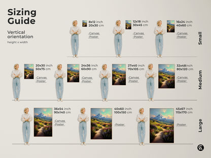 Sizing guide for vertical wildflower mountain path canvas art. Available in small medium and large sizes. Find the perfect fit for your space. Each canvas or poster brings a serene mountain view.