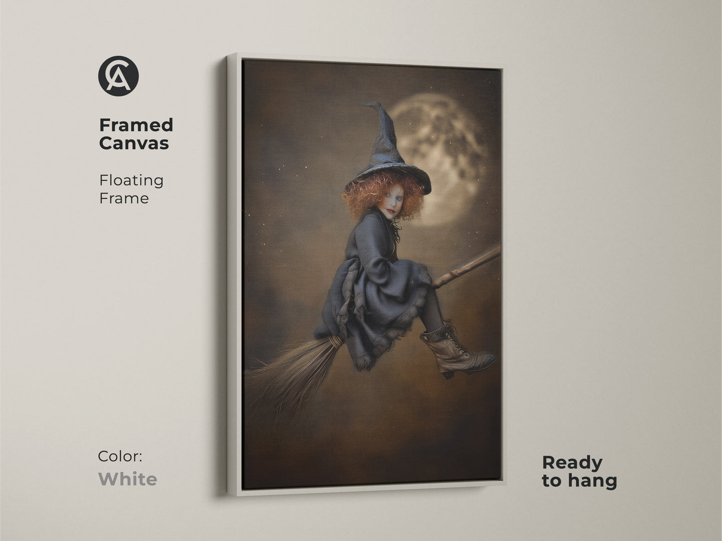 White Framed Canvas featuring gothic witch art. The floating frame complements this Halloween fantasy art. Ready to hang childrens gothic decor. Perfect for kids room wall decor or spooky season decor.