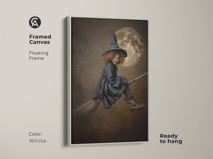 White Framed Canvas featuring gothic witch art. The floating frame complements this Halloween fantasy art. Ready to hang childrens gothic decor. Perfect for kids room wall decor or spooky season decor.