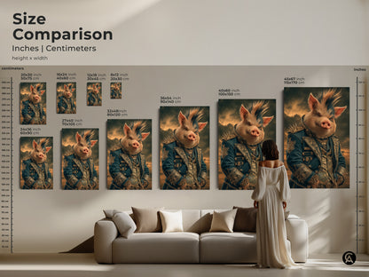 Size comparison of a regal pig aristocrat artwork in a living room. Gothic fantasy pig art is shown in various sizes above a couch to portray the actual size of the artwork in relation to furniture.