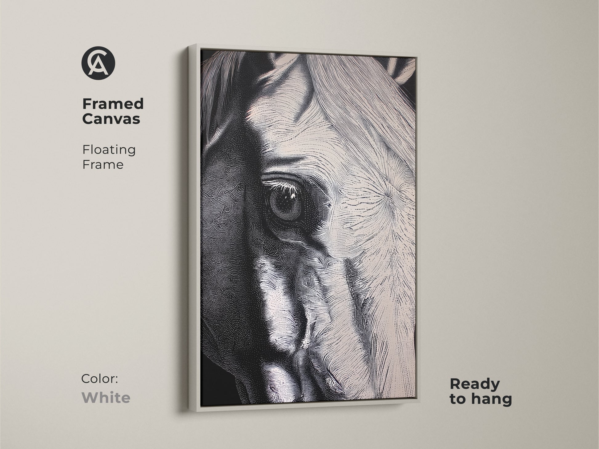 A framed canvas features a striking close-up horse portrait. This modern animal wall art has a white floating frame. The minimalist horse decor is ready to hang. A great gift idea for horse lovers or a unique animal art piece for any home.
