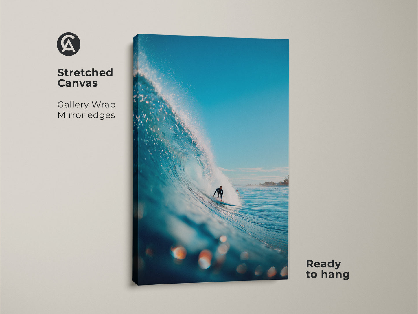 Dynamic surfing artwork on stretched canvas. A surfer skillfully rides a vibrant blue wave. The gallery wrap with mirrored edges gives a modern touch. Ready to hang and enjoy this ocean scene.