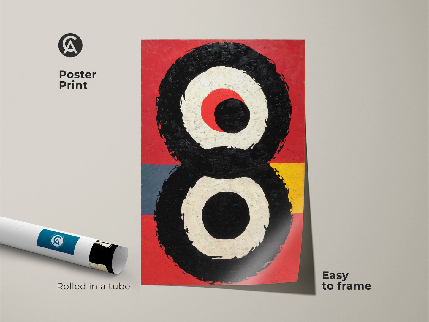 Poster print showcasing abstract expressionism art. Rolled in a tube ready to frame. A colorful abstract print featuring geometric circles. This unique wall art decor would be ideal as housewarming canvas art.