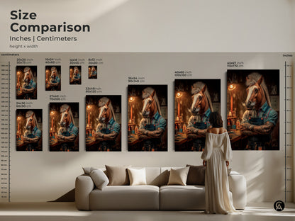 Size comparison of horse barber art prints in inches and centimeters. See how different sizes fit above a couch providing a sense of scale. Choose the perfect canvas or poster to create a statement piece. This unique animal art is ideal for man cave decor or as a conversation starter.