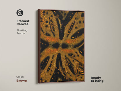 Here is a framed canvas of goldenrod and black abstract art. The geometric dotted artwork features a brown floating frame. This textured abstract canvas print is ready to hang. It is a contemporary wall art gift.