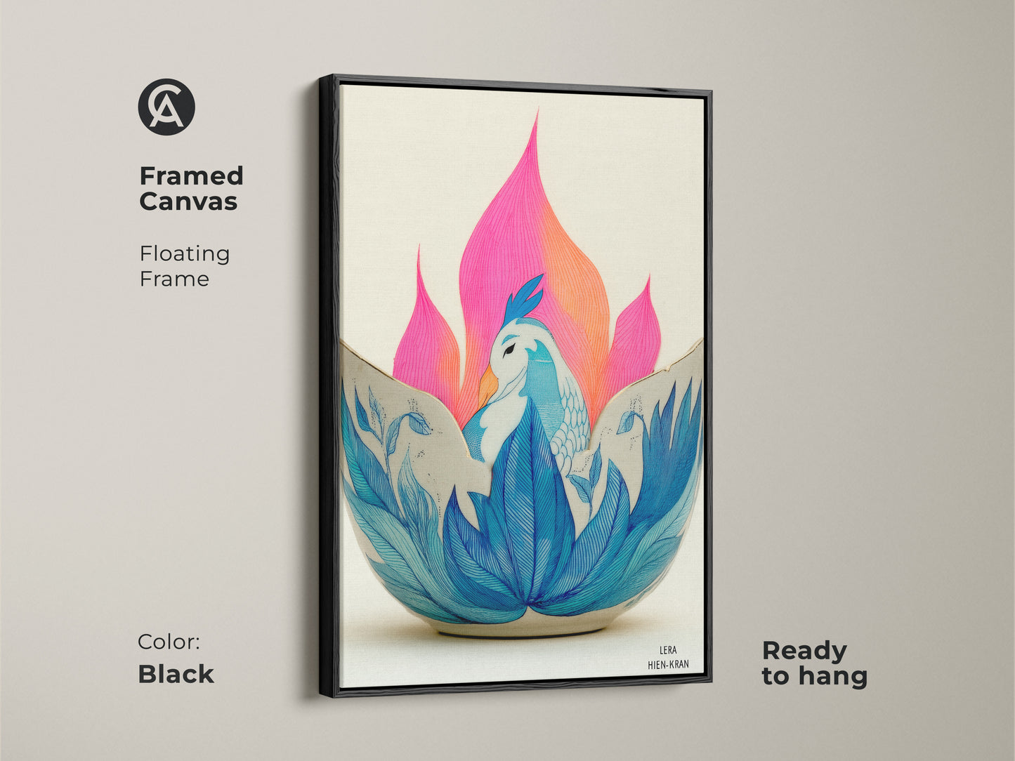 Framed Canvas Phoenix Art in a Floating Black Frame. The art features a blue bird and lotus floral art. This abstract folk art print is ready to hang. This unique canvas brings an artistic phoenix decor to your home. A modern folk art print.