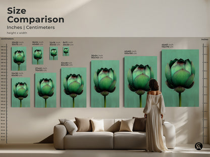 Size comparison of the emerald green lotus flower art print. See how different sizes fit above a sofa. This minimalist botanical art is available in various dimensions. Perfect for adding a calming touch to any room.