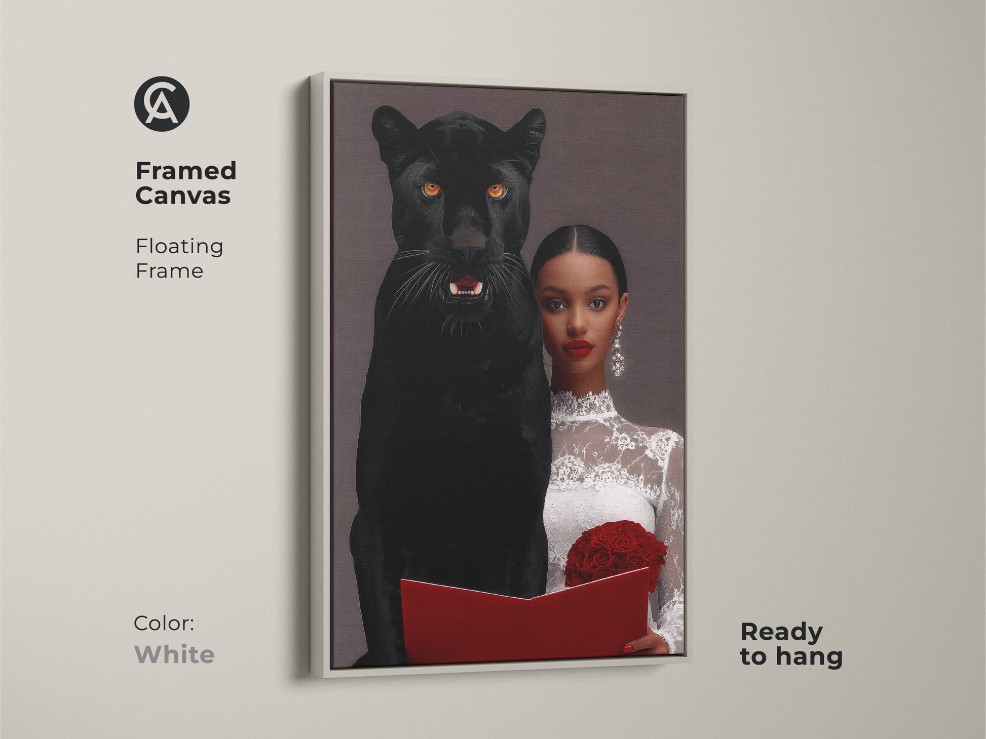 A framed canvas art print with a floating frame in white. Ready to hang surrealist artwork of a woman with a black panther. This eclectic home decor art has a dark aesthetic. A unique gift for symbolism lovers.  Features photorealism animal art.