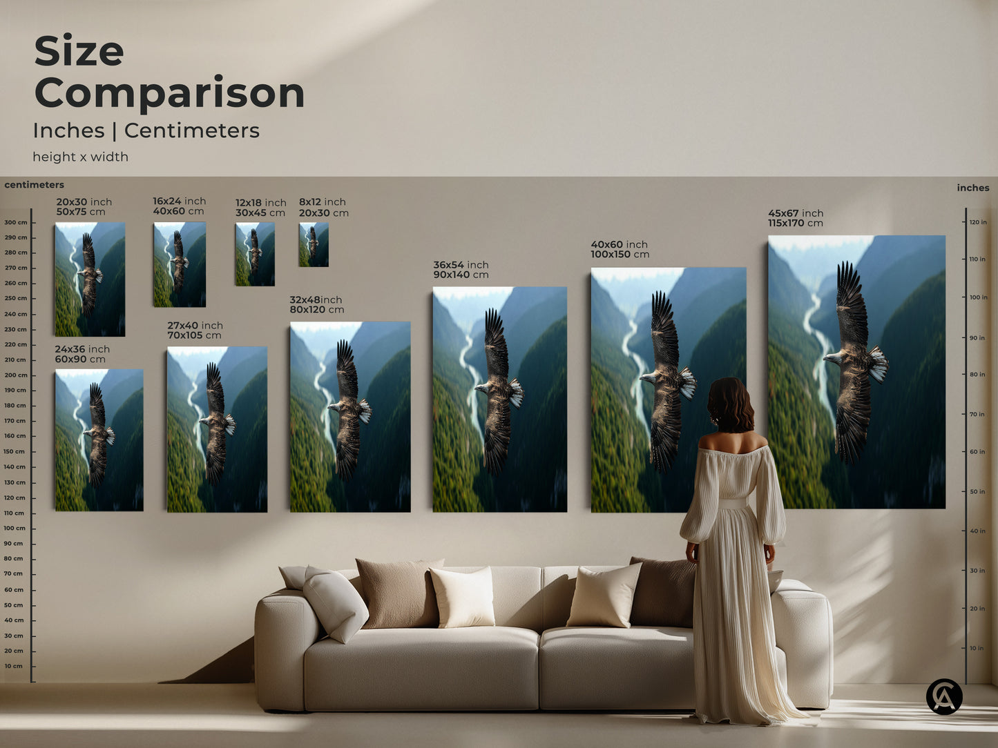 Size comparison of eagle in flight artwork in inches and centimeters. See how different sizes of this wildlife photography print fit with furniture. This rustic nature landscape wall art is perfect for any space. Ideal as a bird watcher gift or for enhancing your home decor. Visualize sizes for your living room.