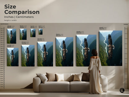 Size comparison of eagle in flight artwork in inches and centimeters. See how different sizes of this wildlife photography print fit with furniture. This rustic nature landscape wall art is perfect for any space. Ideal as a bird watcher gift or for enhancing your home decor. Visualize sizes for your living room.