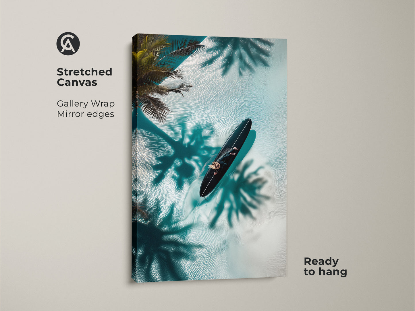 Transform your walls with this gallery-wrapped canvas art. It shows a surfer floating on the water. The overhead shot captures turquoise water and palm shadows. The mirror edges enhance the depth of this coastal artwork. It's ready to hang offering an instant upgrade to your home decor.